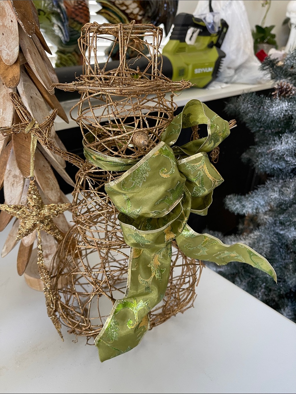 Holiday Wire Snowman Decor with Green Ribbon